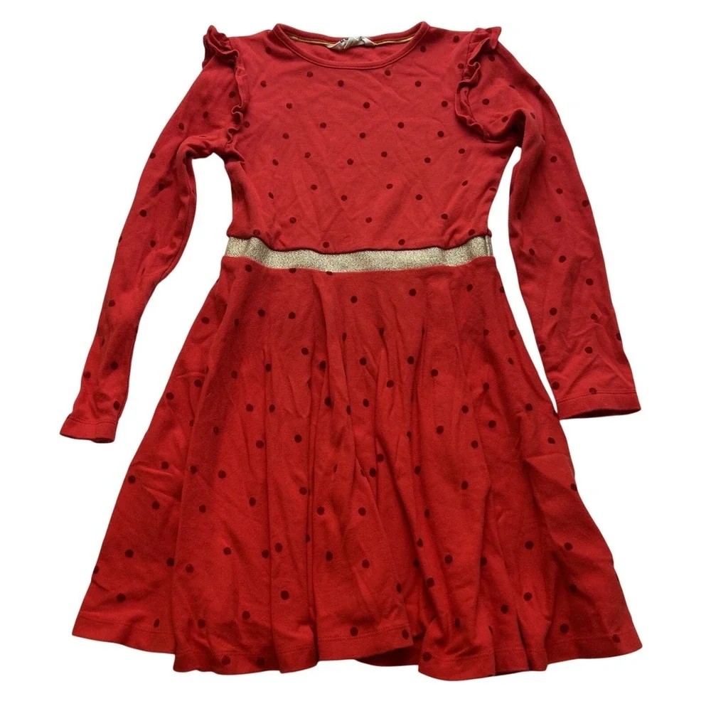 Mini Boden Girls Dress 8-9Y Red Polka Dotted Jersey Knit Party Ruffled Gold